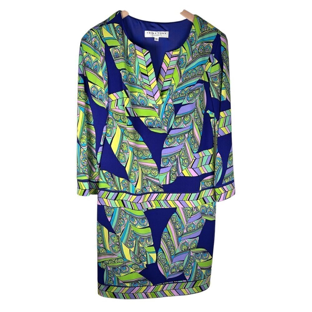 Trina Turk Size 8 Dress Mod Geometric 60s Retro Paisley Coastal Jersey
